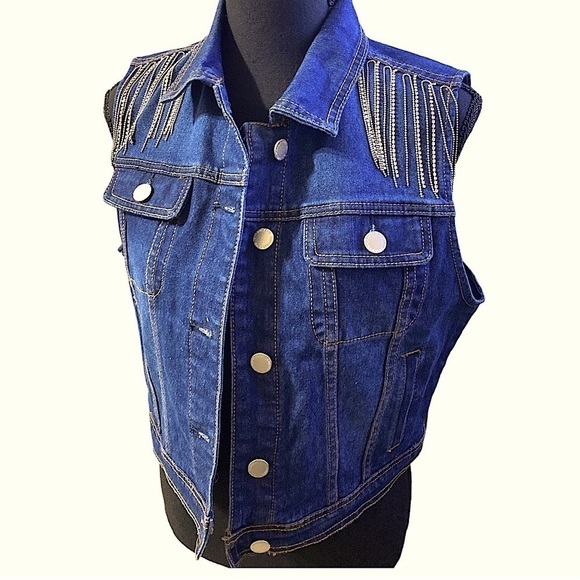 Vintage Coastal Cowgirl Denim Vest Embellished Rhinestone Fringe Detail  M… - Picture 1 of 5